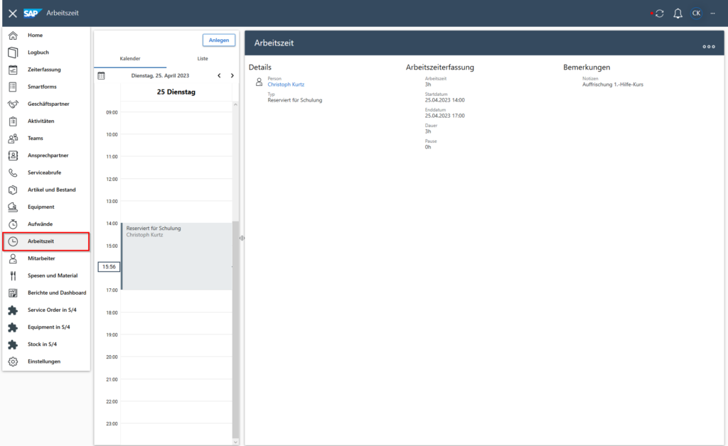 Erfasste Arbeitszeiten in SAP FSM