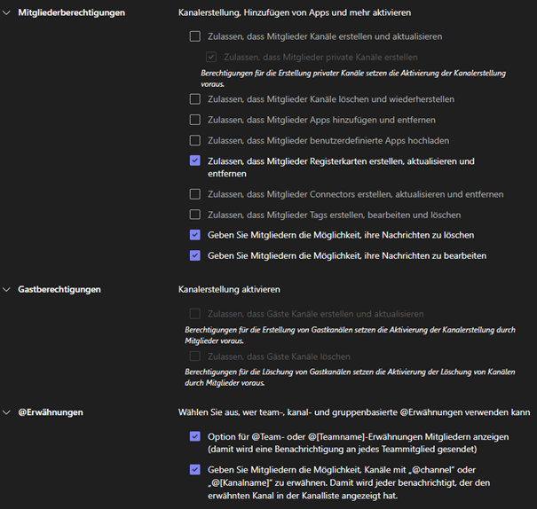 Teams-Einstellungen für Projektmanagement Übersicht der Einstellungen im Teams Kanal
