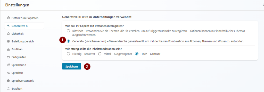 Mögliche Einstellungen der generativen KI im Microsoft Copilot Studio Mögliche Einstellungen der generativen KI