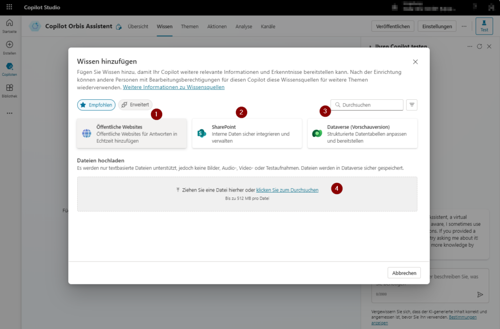 Fügen Sie Ihrem Copiloten Wissen hinzu Wissen hinzufügen