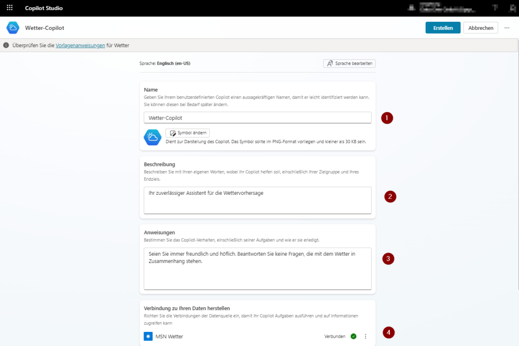 Übersicht der Vorlage Wetter im Microsoft Copilot Studio Vorlage Wetter Microsoft Copilot