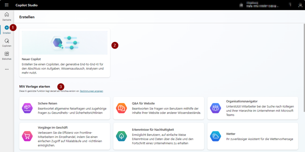 Folgende Vorlagen können Sie im Microsoft Copilot Studio nutzen Vorlagen Microsoft Copilot Studio