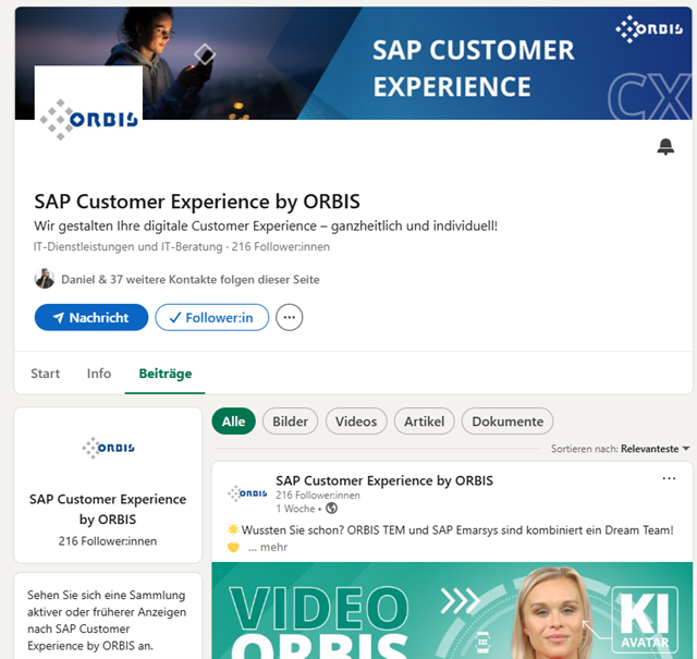 LinkedIn Fokusseite SAP Customer Experience by ORBIS Fokusseite SAP CX by ORBIS