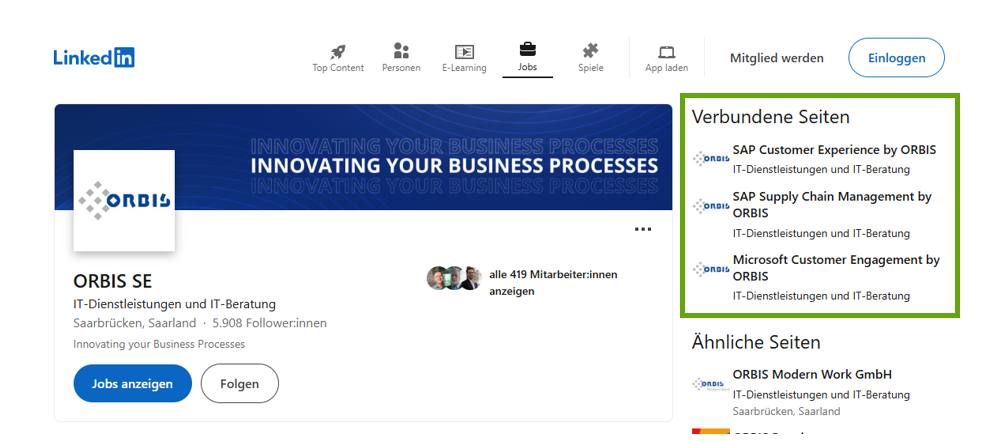 ORBIS LinkedIn Fokusseiten unter verbundene Seiten finden ORBIS LinkedIn Fokusseiten finden