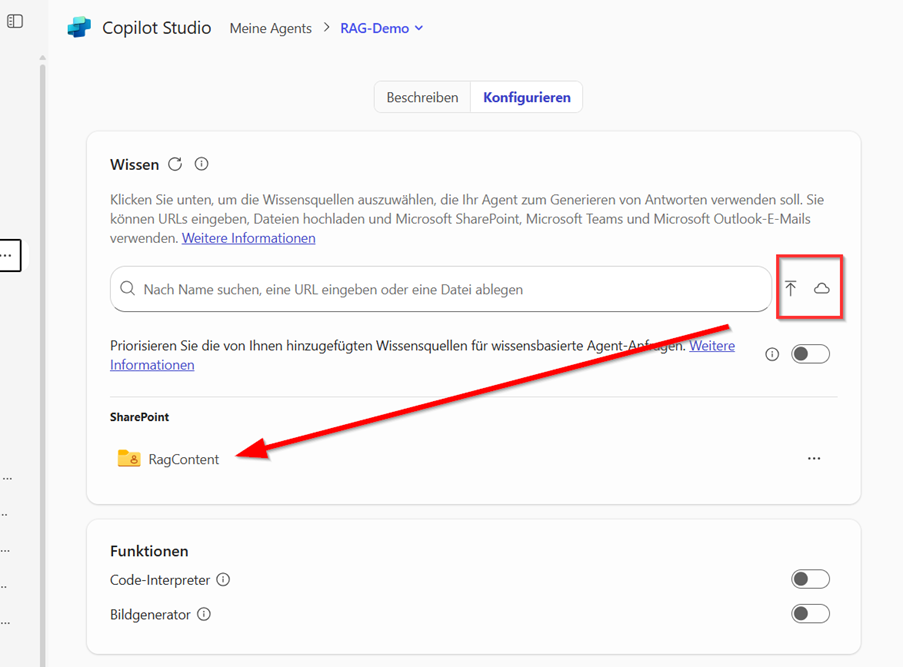Konfiguration von Wissensquellen in Copilot Studio – SharePoint-Integration Konfiguration von Wissensquellen in Copilot Studio