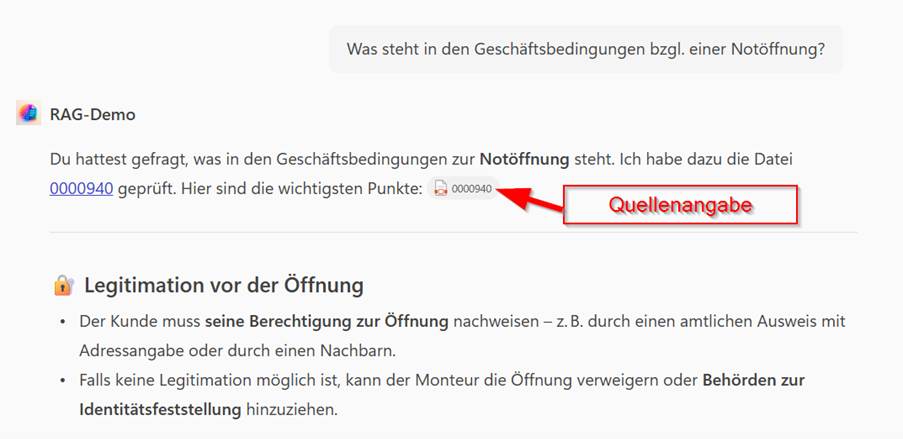 Promptergebnisse in Copilot Studio mit Quellenangabe zu Geschäftsbedingungen Promptergebnisse in Copilot Studio mit Quellenangabe