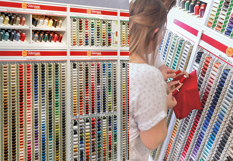 Customers choose the right thread on the sales display Sampling at the sales display