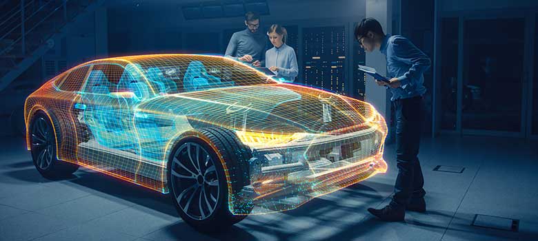 CRM-Branchenlösung für Automobilzulieferer Eine Gruppe von Automobildesignern arbeiten virtuelle an einem 3D-Modell-Autoprototyp